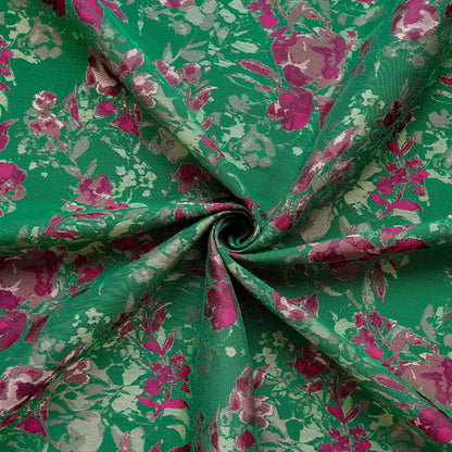 Green Floral Fabric by Yard, French Vintage Jacquard Textile, Pink Flower Dress Fabric for Sewing Crafts Home Decor, 65"Wide