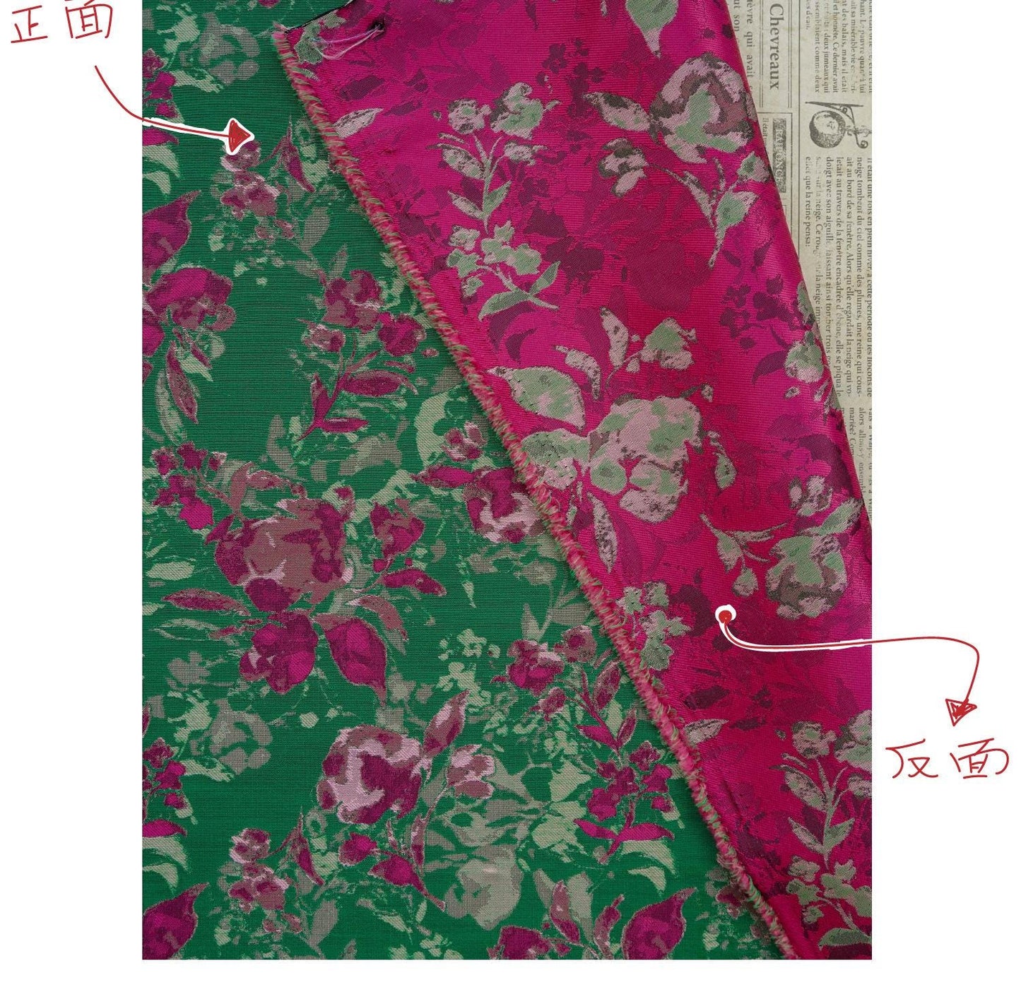 Green Floral Fabric by Yard, French Vintage Jacquard Textile, Pink Flower Dress Fabric for Sewing Crafts Home Decor, 65"Wide