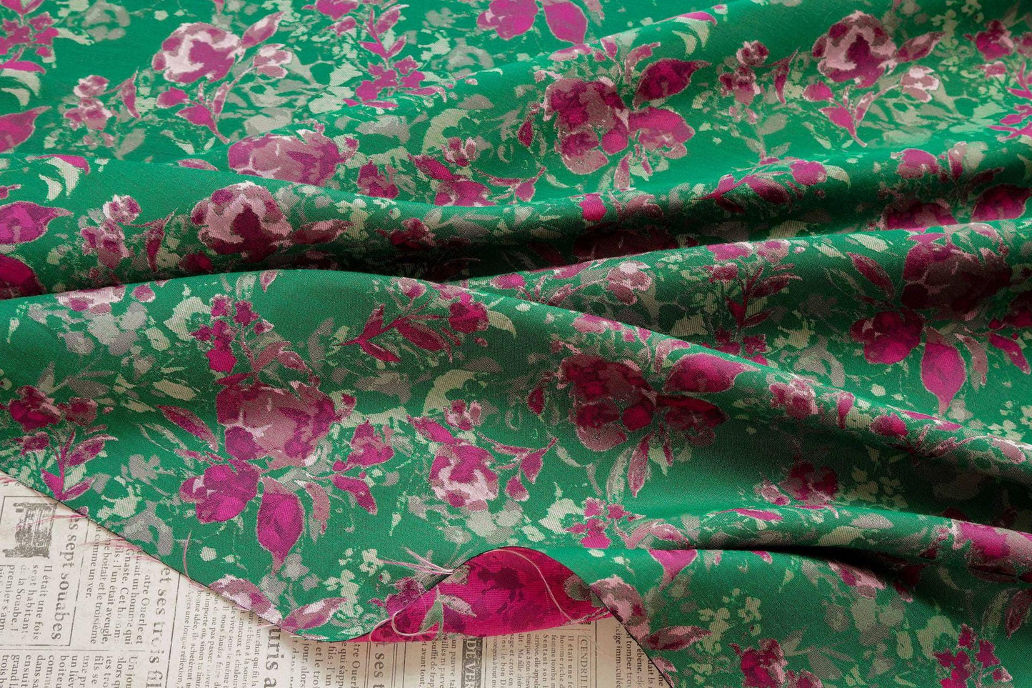 Green Floral Fabric by Yard, French Vintage Jacquard Textile, Pink Flower Dress Fabric for Sewing Crafts Home Decor, 65"Wide