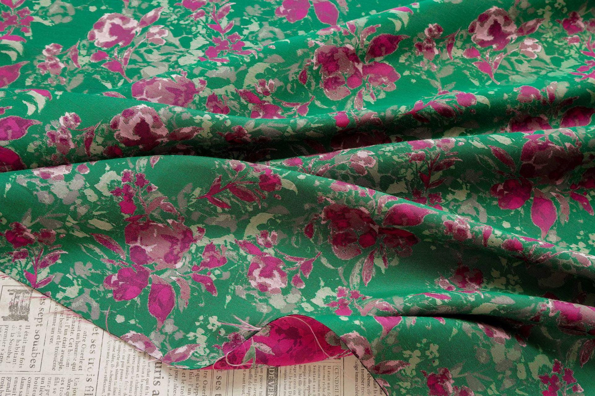 Green Floral Fabric by Yard, French Vintage Jacquard Textile, Pink Flower Dress Fabric for Sewing Crafts Home Decor, 65"Wide