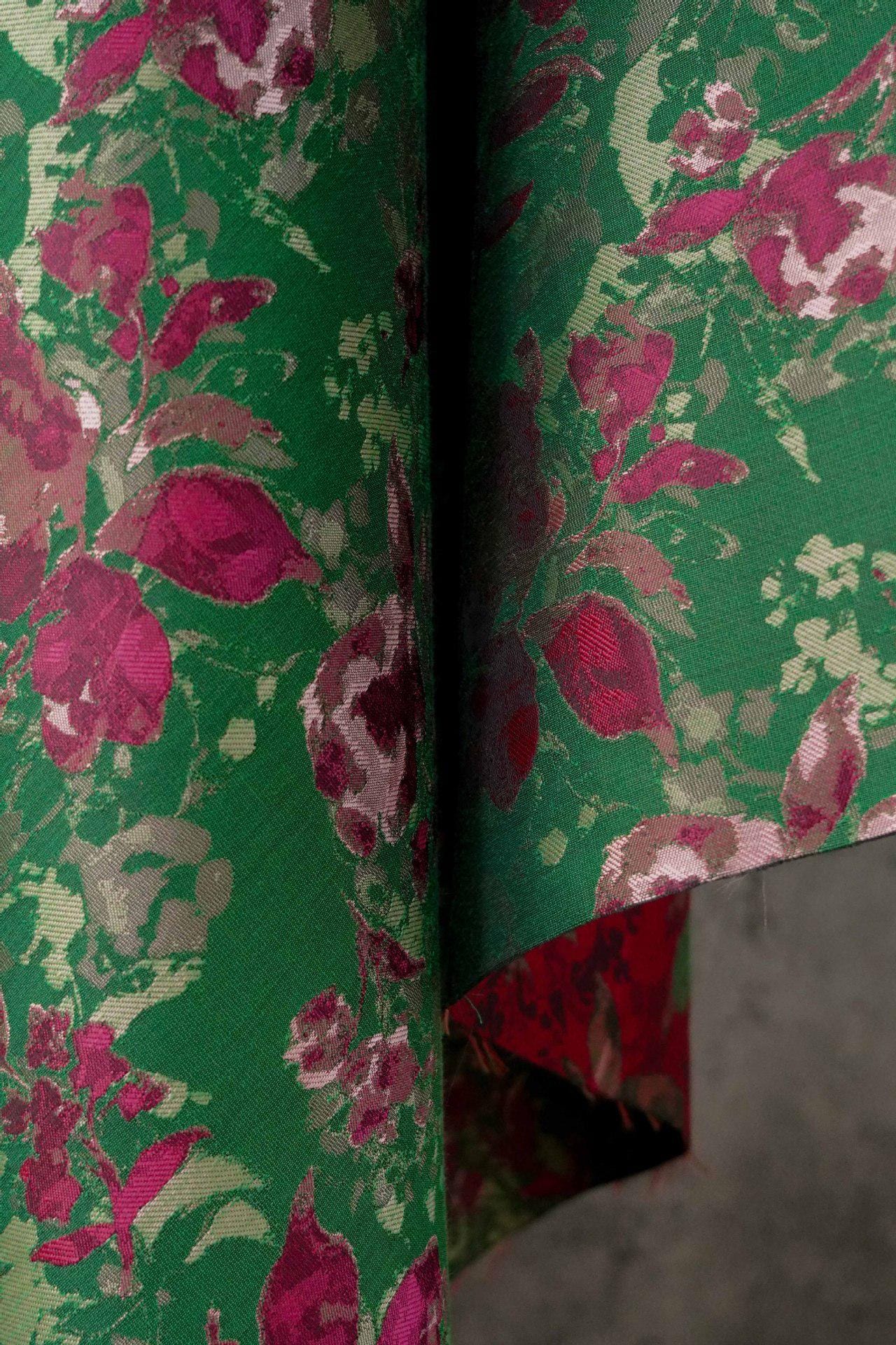 Green Floral Fabric by Yard, French Vintage Jacquard Textile, Pink Flower Dress Fabric for Sewing Crafts Home Decor, 65"Wide