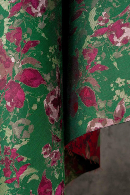 Green Floral Fabric by Yard, French Vintage Jacquard Textile, Pink Flower Dress Fabric for Sewing Crafts Home Decor, 65"Wide