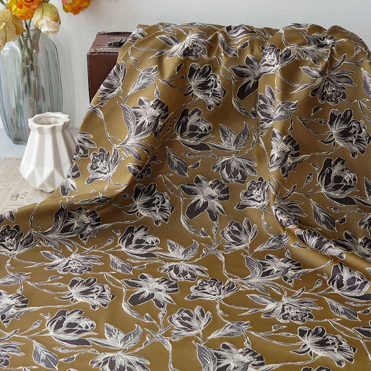 Vintage Hand-Drawn Magnolia Yarn-Dyed Fabric, Floral Upholstery Textile, Retro Botanical Material for Curtains, Cushions & Home Decor, 63"W - Poppylollipop