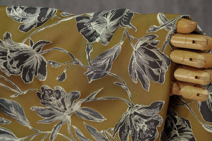 Vintage Hand-Drawn Magnolia Yarn-Dyed Fabric, Floral Upholstery Textile, Retro Botanical Material for Curtains, Cushions & Home Decor, 63"W - Poppylollipop