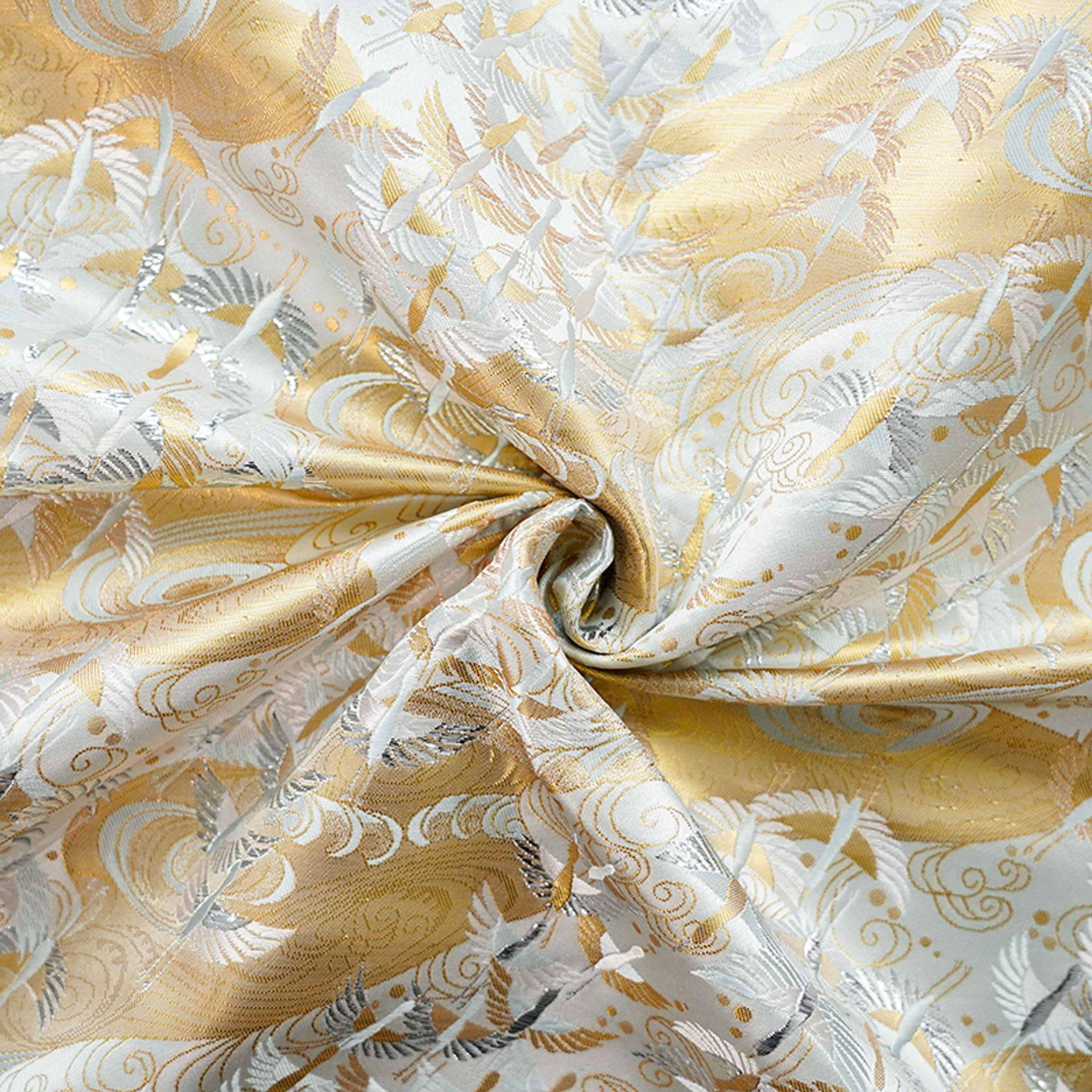 Japanese Flying Crane Jacquard Fabric, Flowing Water Brocade Textile, Oriental Woven Material for Kimono, Table Runner & Home Decor, 59"Wide - Poppylollipop