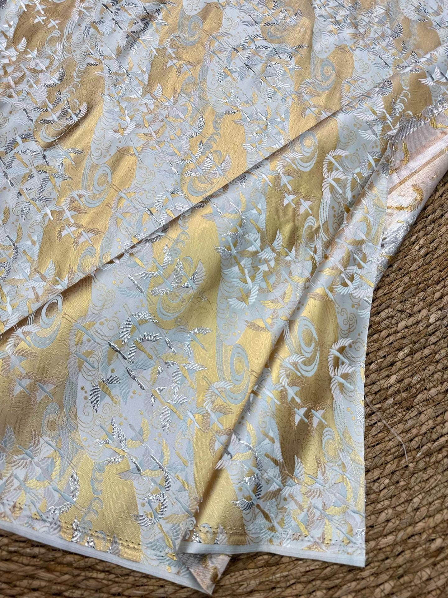 Japanese Flying Crane Jacquard Fabric, Flowing Water Brocade Textile, Oriental Woven Material for Kimono, Table Runner & Home Decor, 59"Wide - Poppylollipop