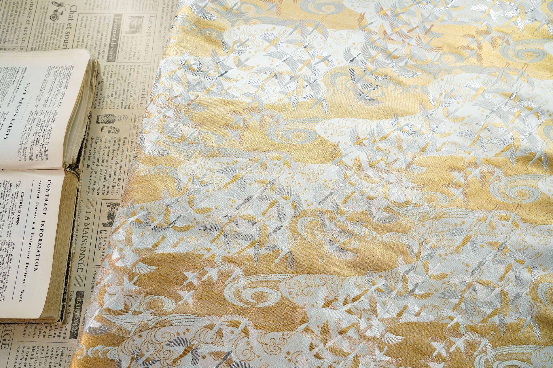 Japanese Flying Crane Jacquard Fabric, Flowing Water Brocade Textile, Oriental Woven Material for Kimono, Table Runner & Home Decor, 59"Wide - Poppylollipop