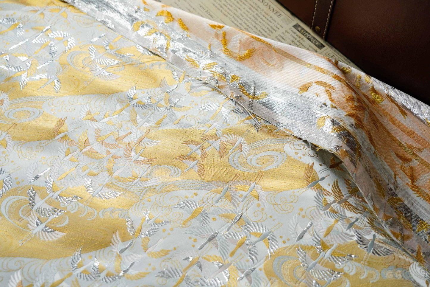 Japanese Flying Crane Jacquard Fabric, Flowing Water Brocade Textile, Oriental Woven Material for Kimono, Table Runner & Home Decor, 59"Wide - Poppylollipop