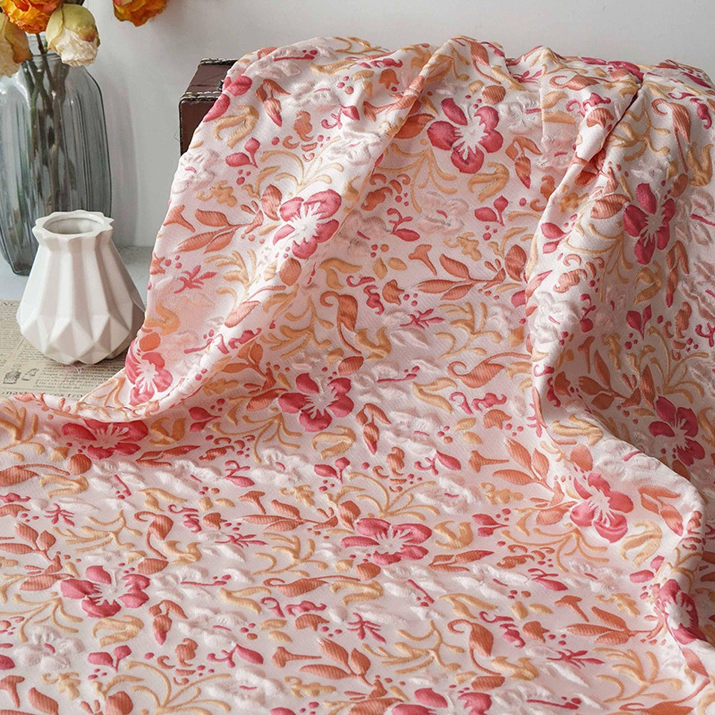 Romantic Embossed Floral Jacquard Fabric, Raised Vine Flower Textile, Vintage Pink Botanical Brocade for Dresses, Cushions & Home Decor, 57" - Poppylollipop