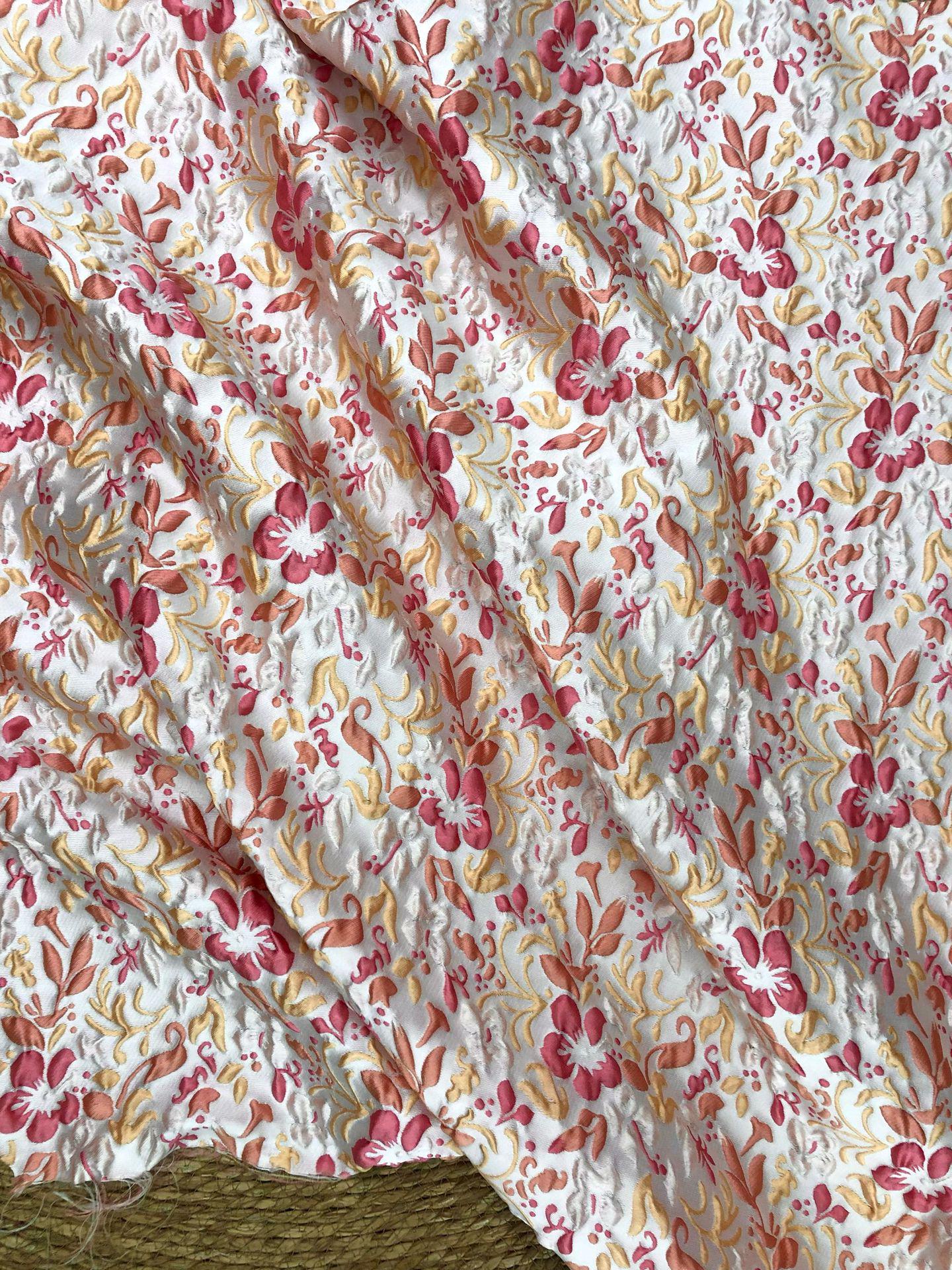 Romantic Embossed Floral Jacquard Fabric, Raised Vine Flower Textile, Vintage Pink Botanical Brocade for Dresses, Cushions & Home Decor, 57" - Poppylollipop
