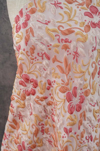 Romantic Embossed Floral Jacquard Fabric, Raised Vine Flower Textile, Vintage Pink Botanical Brocade for Dresses, Cushions & Home Decor, 57" - Poppylollipop