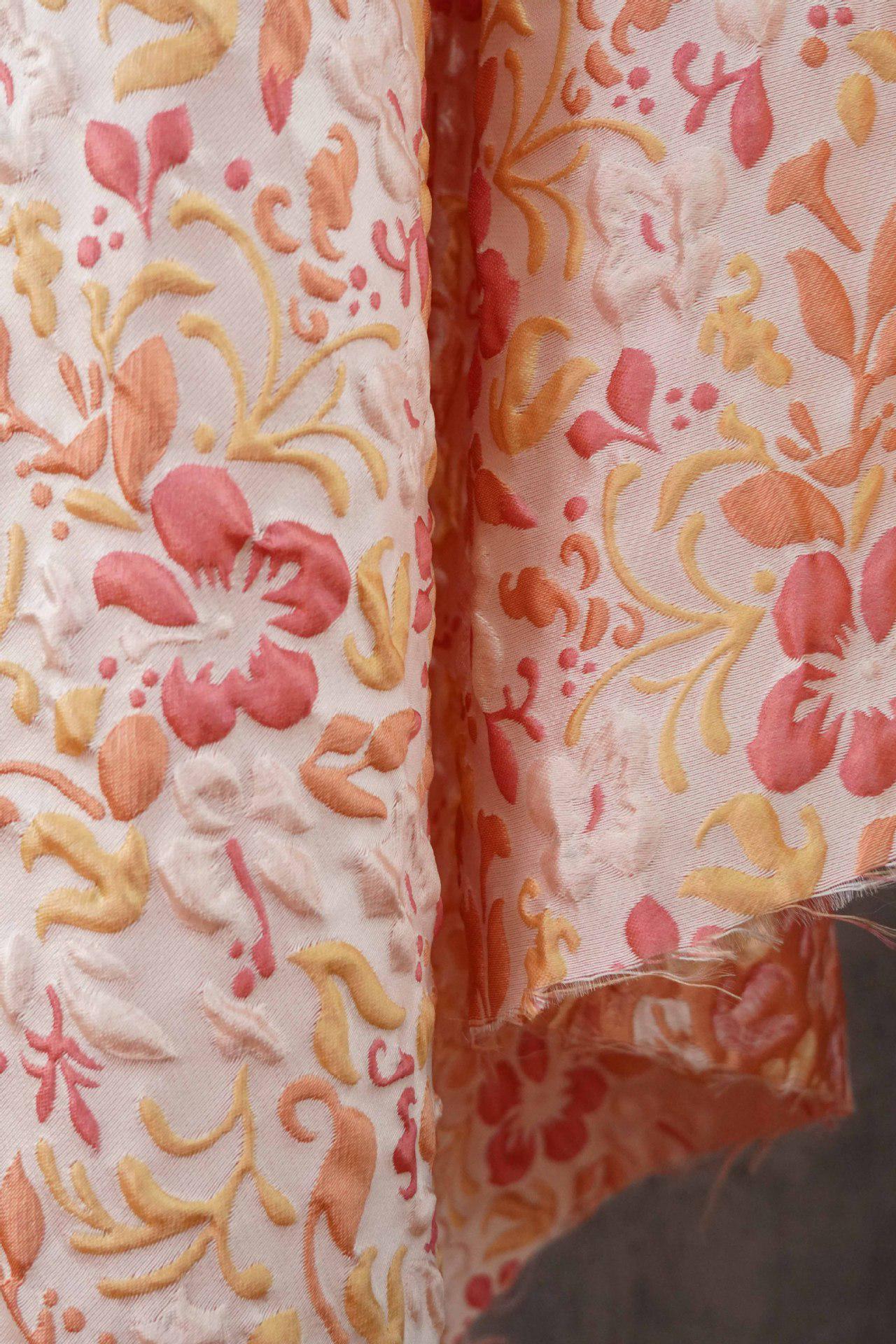 Romantic Embossed Floral Jacquard Fabric, Raised Vine Flower Textile, Vintage Pink Botanical Brocade for Dresses, Cushions & Home Decor, 57" - Poppylollipop