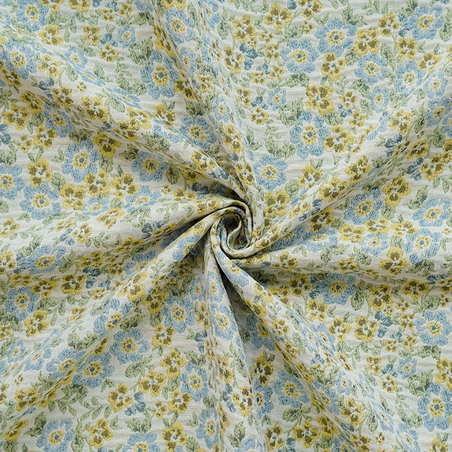 Light Floral Jacquard Fabric by Yard, Yellow Blue Vintage Flower Textile, Soft Cottagecore Fabric for Dresses Quilting Crafts, 63"Wide