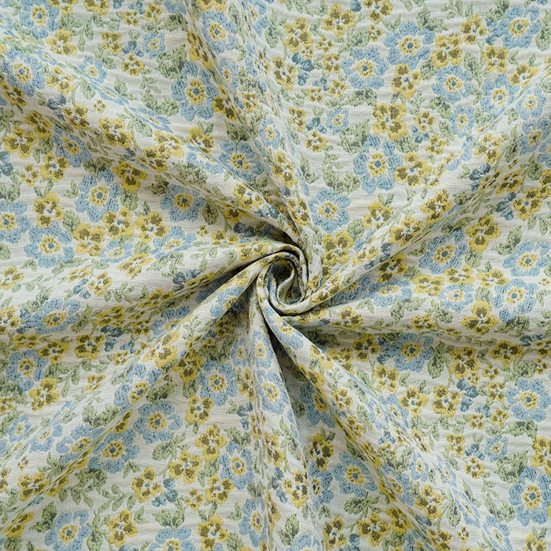 Light Floral Jacquard Fabric by Yard, Yellow Blue Vintage Flower Textile, Soft Cottagecore Fabric for Dresses Quilting Crafts, 63"Wide
