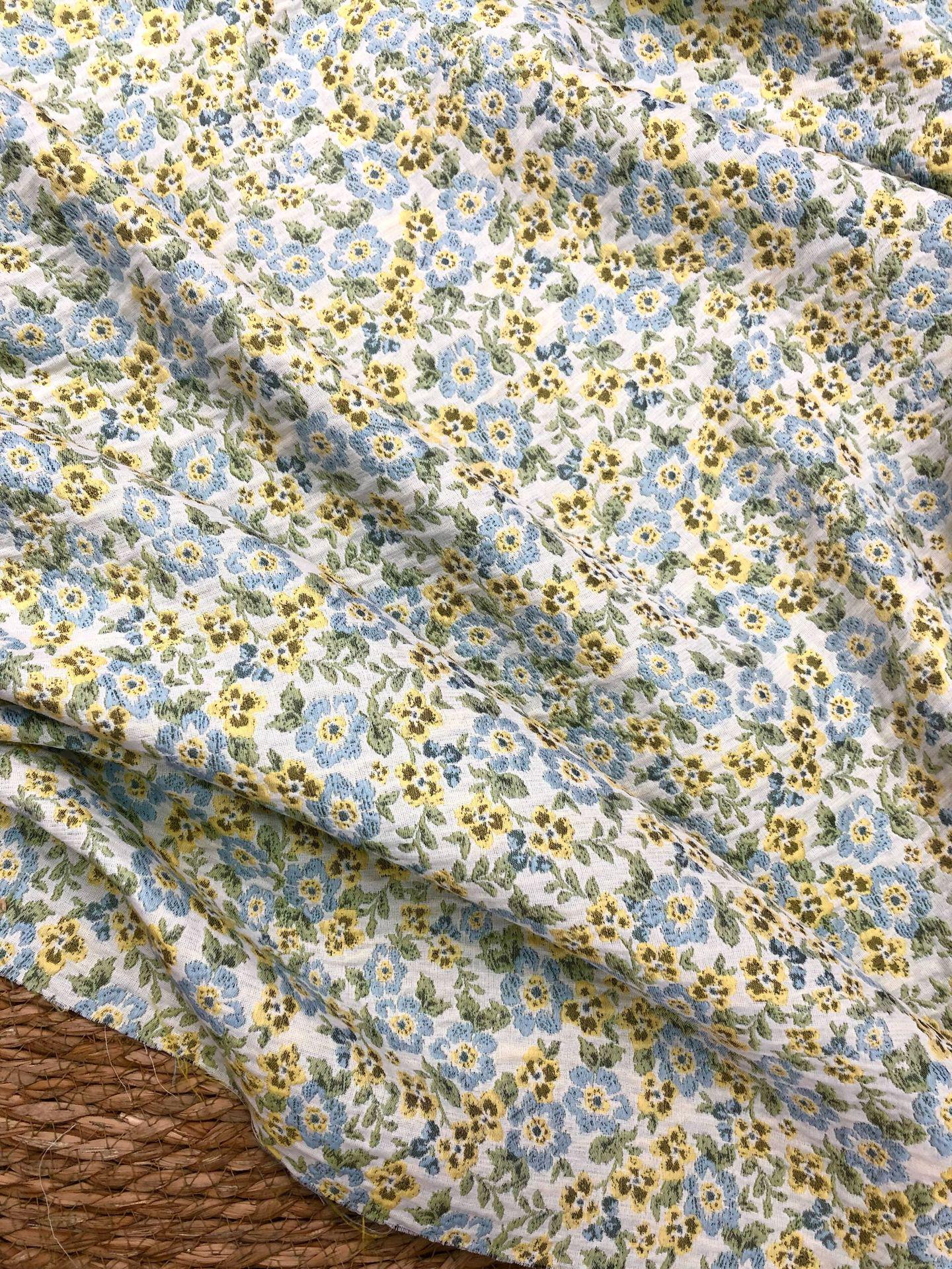 Light Floral Jacquard Fabric by Yard, Yellow Blue Vintage Flower Textile, Soft Cottagecore Fabric for Dresses Quilting Crafts, 63"Wide