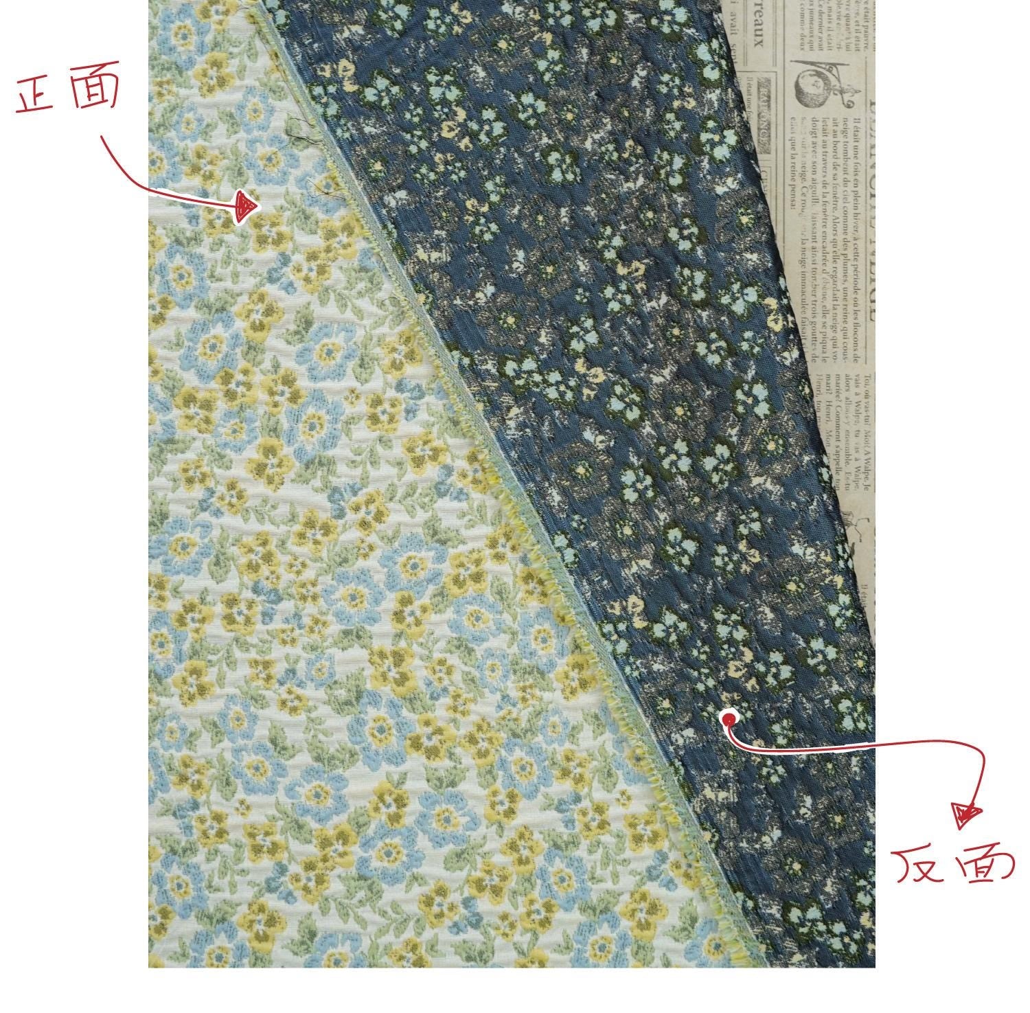Light Floral Jacquard Fabric by Yard, Yellow Blue Vintage Flower Textile, Soft Cottagecore Fabric for Dresses Quilting Crafts, 63"Wide