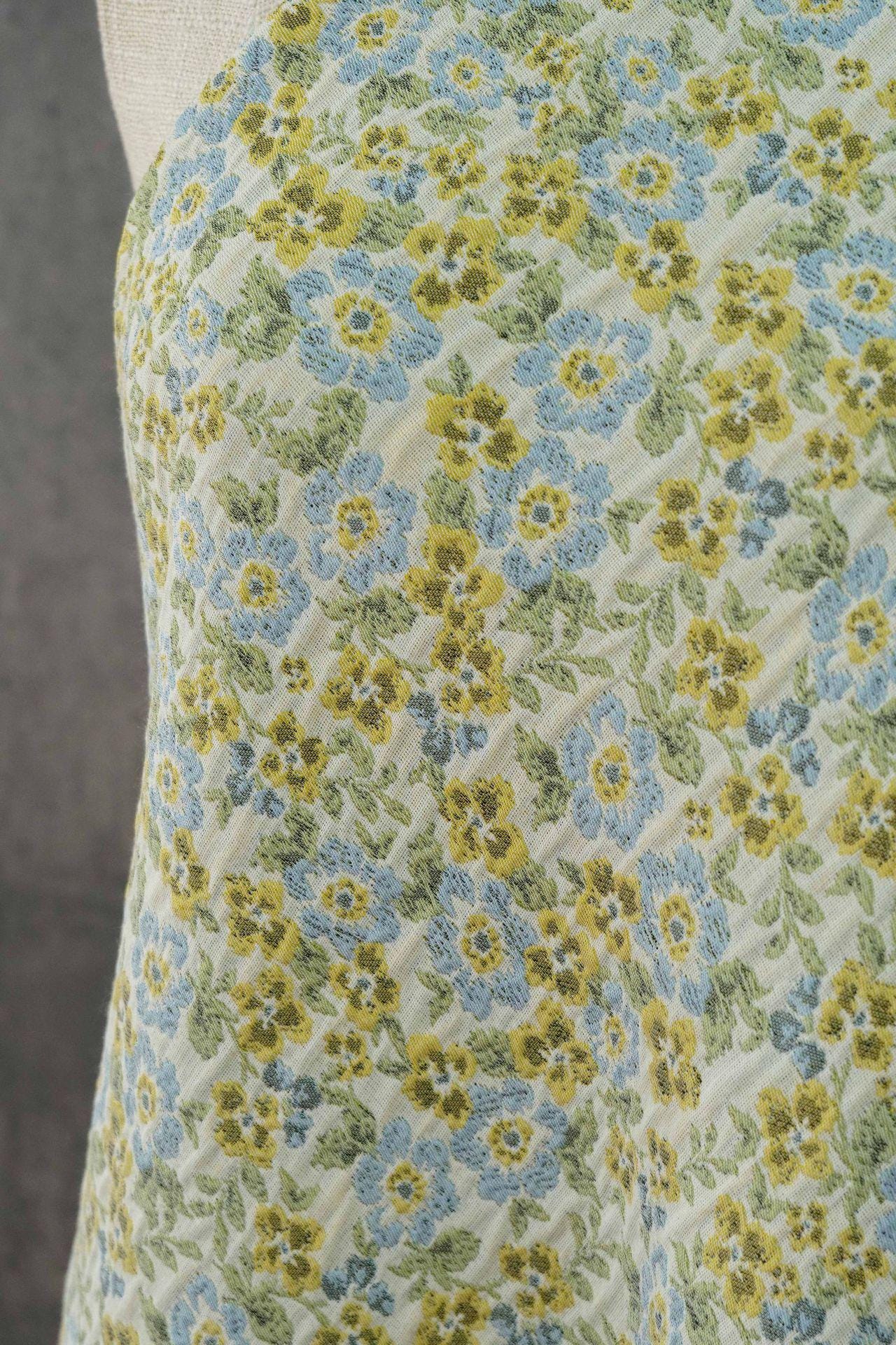 Light Floral Jacquard Fabric by Yard, Yellow Blue Vintage Flower Textile, Soft Cottagecore Fabric for Dresses Quilting Crafts, 63"Wide