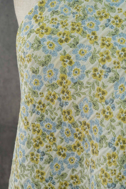 Light Floral Jacquard Fabric by Yard, Yellow Blue Vintage Flower Textile, Soft Cottagecore Fabric for Dresses Quilting Crafts, 63"Wide