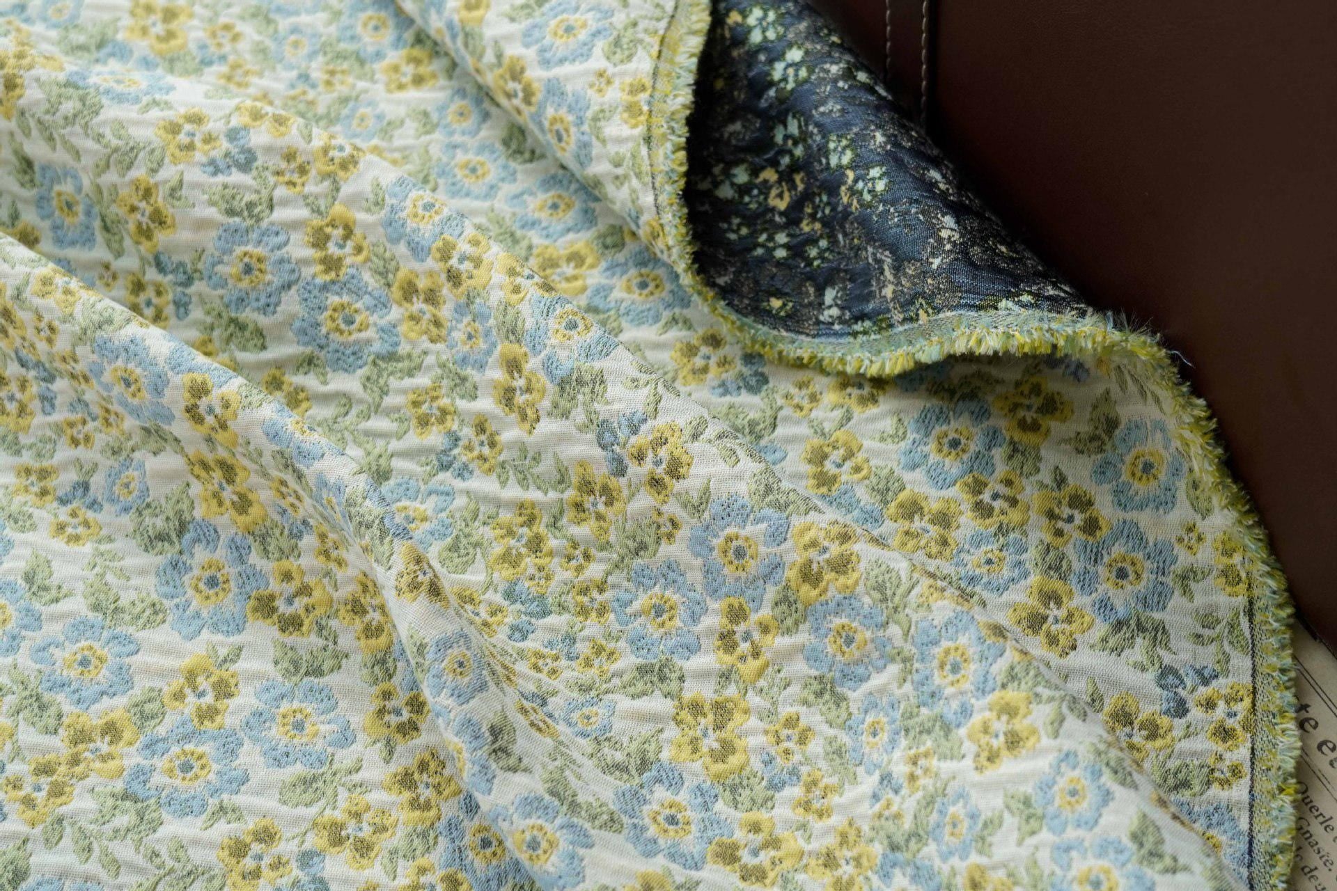 Light Floral Jacquard Fabric by Yard, Yellow Blue Vintage Flower Textile, Soft Cottagecore Fabric for Dresses Quilting Crafts, 63"Wide