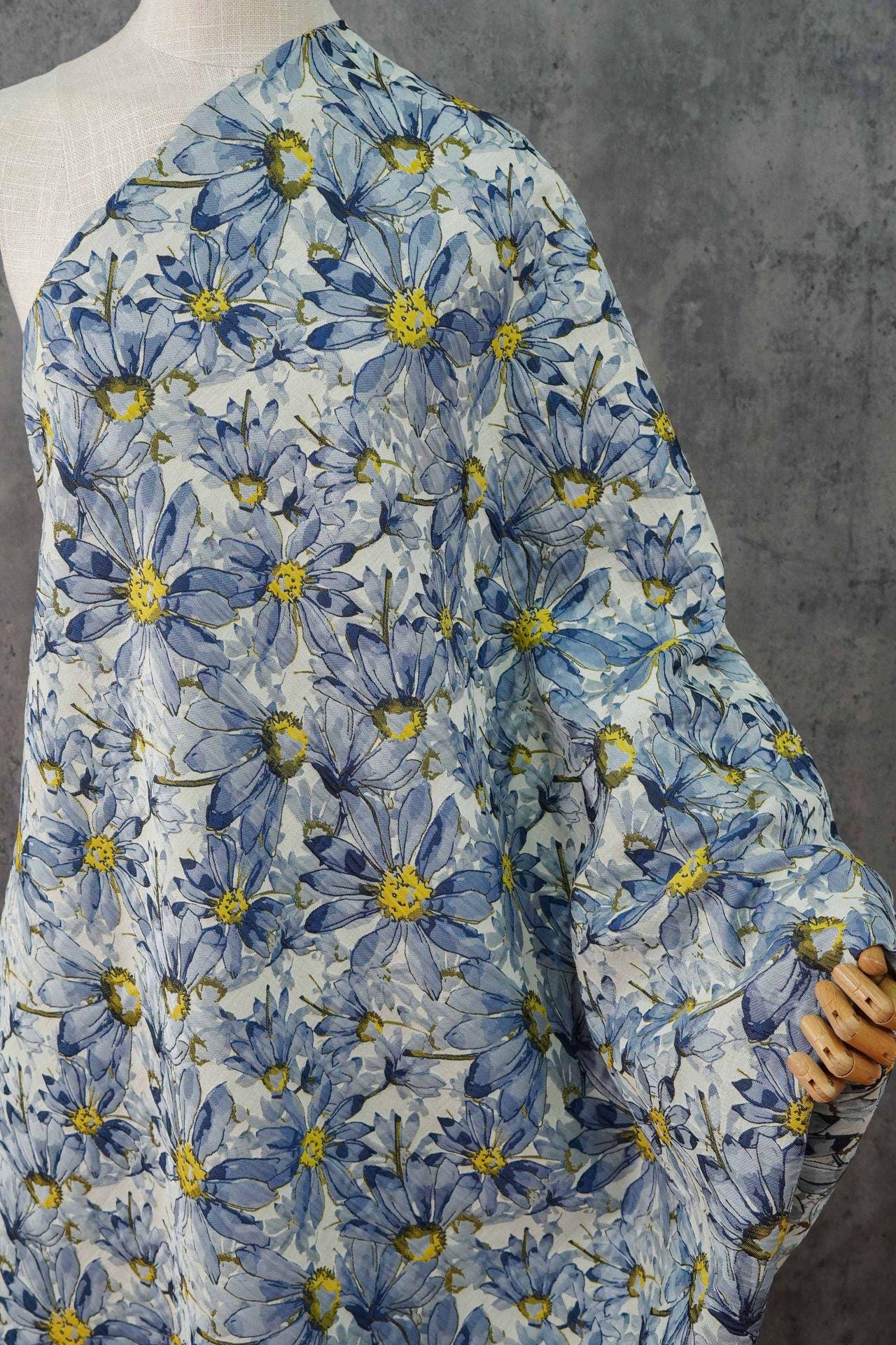 Blue Floral Jacquard Fabric by Yard, Embossed Daisy Brocade Textile, Vintage Oil Painting Style Dress Fabric for Sewing Crafts, 55"Wide