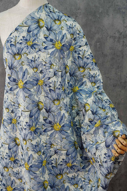 Blue Floral Jacquard Fabric by Yard, Embossed Daisy Brocade Textile, Vintage Oil Painting Style Dress Fabric for Sewing Crafts, 55"Wide