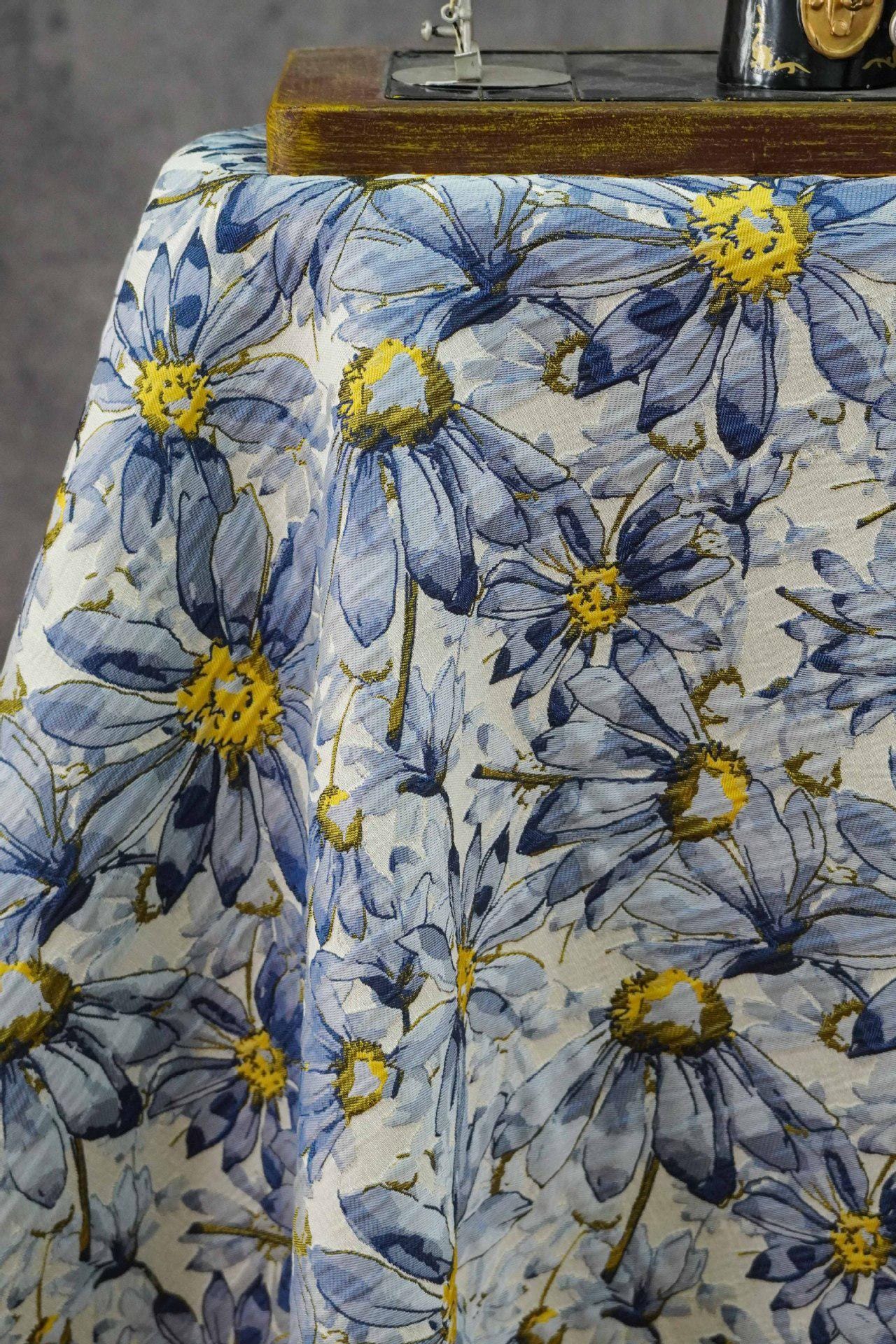 Blue Floral Jacquard Fabric by Yard, Embossed Daisy Brocade Textile, Vintage Oil Painting Style Dress Fabric for Sewing Crafts, 55"Wide
