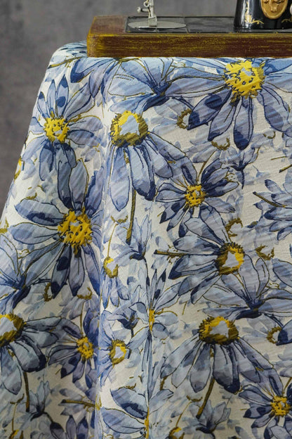 Blue Floral Jacquard Fabric by Yard, Embossed Daisy Brocade Textile, Vintage Oil Painting Style Dress Fabric for Sewing Crafts, 55"Wide