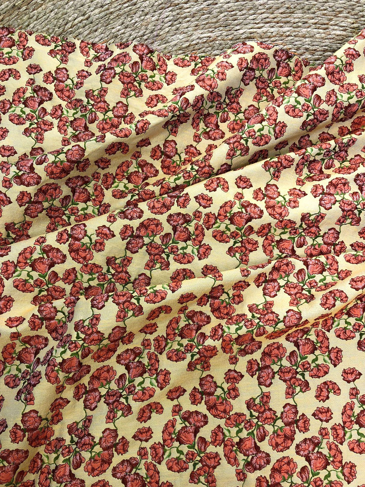 Small Floral Fabric by Yard, Yellow Cottagecore Jacquard Textile, Vintage Rose Dress Fabric for Sewing Quilting Crafts, 57"Wide