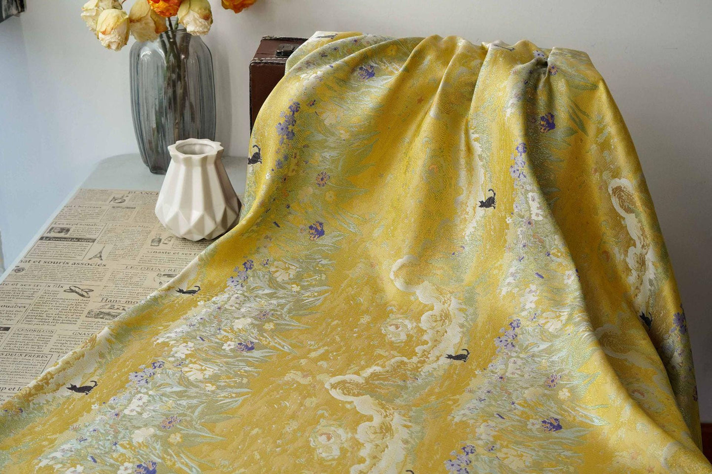Monet Garden Inspired Song Brocade Jacquard Fabric, Vintage Floral Landscape Woven Textile for Apparel & Home Decor, 59" Wide
