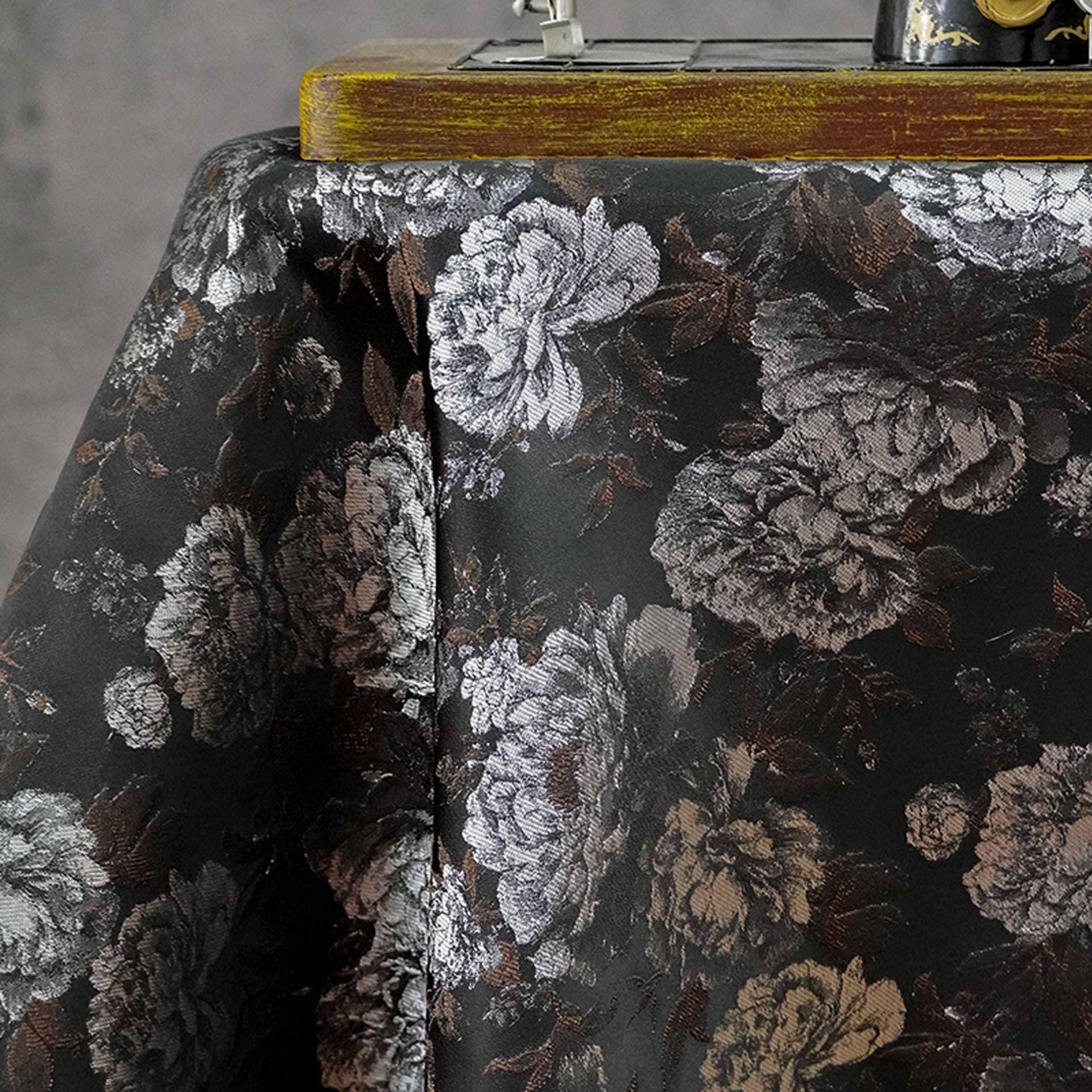 Vintage Black Peony Jacquard Fabric, Dark Romantic Floral Brocade Textile for Cheongsam, Upholstery, Curtains & Home Decor, 63" Wide