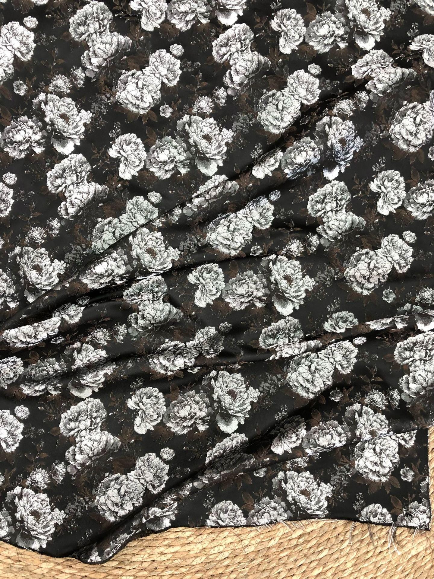 Vintage Black Peony Jacquard Fabric, Dark Romantic Floral Brocade Textile for Cheongsam, Upholstery, Curtains & Home Decor, 63" Wide