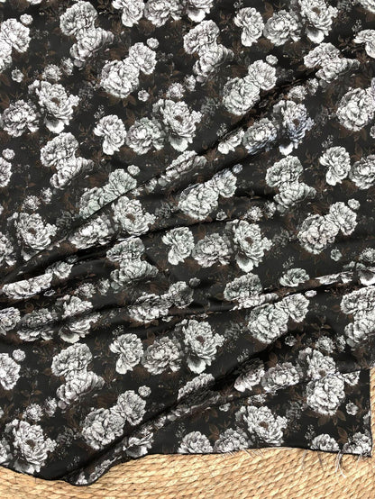 Vintage Black Peony Jacquard Fabric, Dark Romantic Floral Brocade Textile for Cheongsam, Upholstery, Curtains & Home Decor, 63" Wide