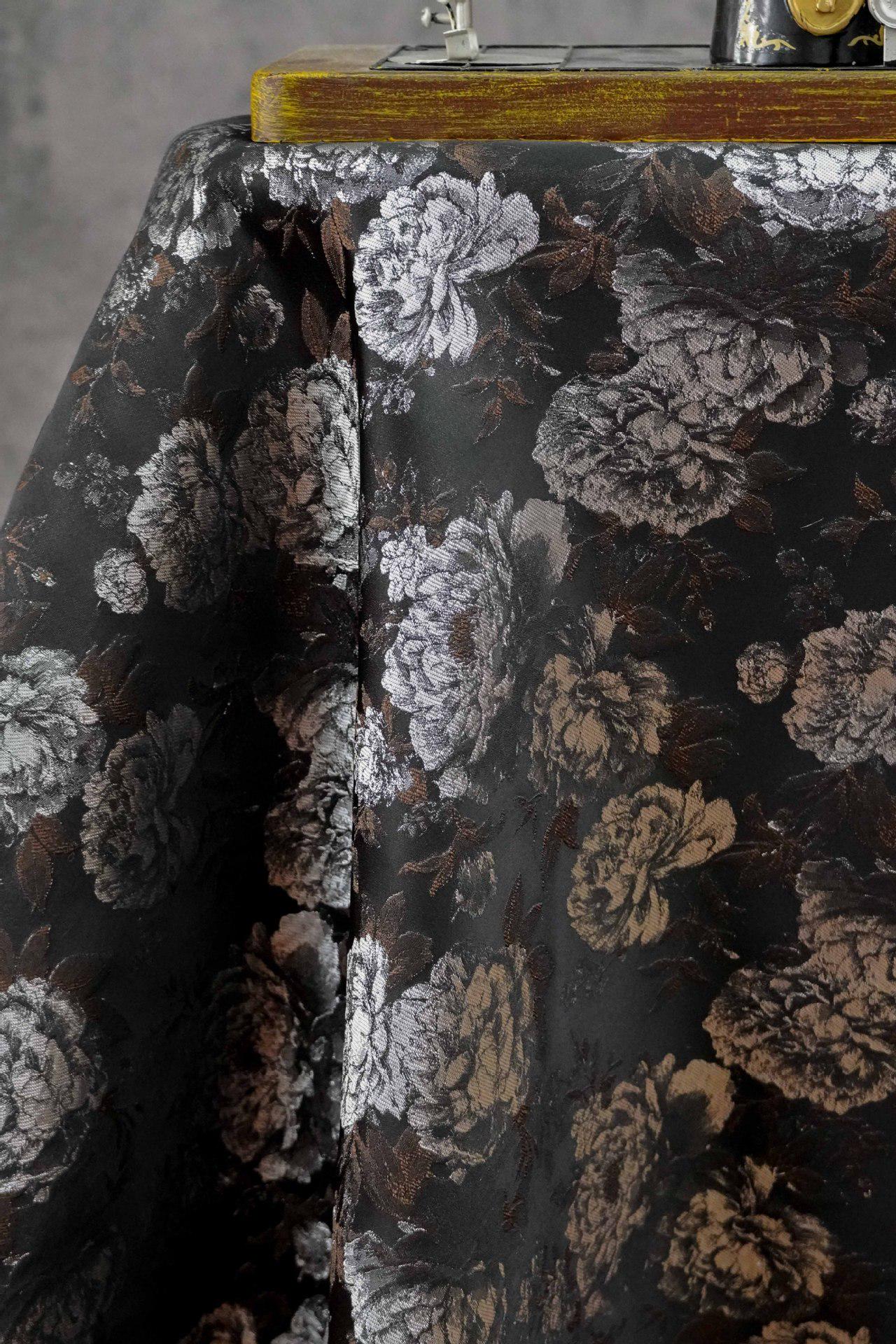 Vintage Black Peony Jacquard Fabric, Dark Romantic Floral Brocade Textile for Cheongsam, Upholstery, Curtains & Home Decor, 63" Wide