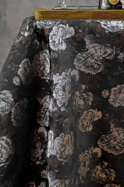 Vintage Black Peony Jacquard Fabric, Dark Romantic Floral Brocade Textile for Cheongsam, Upholstery, Curtains & Home Decor, 63" Wide