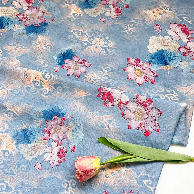 Blue Lotus Cotton Fabric by Yard, Oriental Floral Printed Textile, Soft Dress Fabric for Sewing Quilting Home Decor, 59"Wide