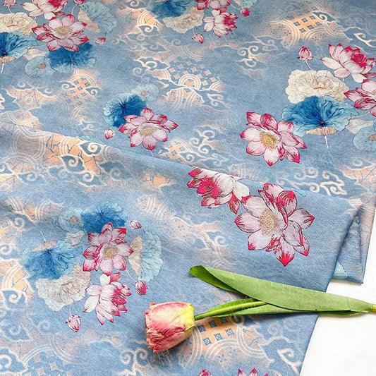 Blue Lotus Cotton Fabric by Yard, Oriental Floral Printed Textile, Soft Dress Fabric for Sewing Quilting Home Decor, 59"Wide - Poppylollipop