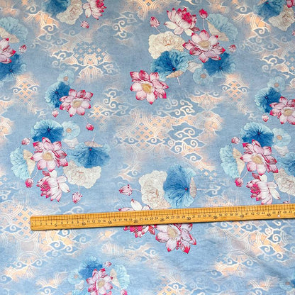 Blue Lotus Cotton Fabric by Yard, Oriental Floral Printed Textile, Soft Dress Fabric for Sewing Quilting Home Decor, 59"Wide