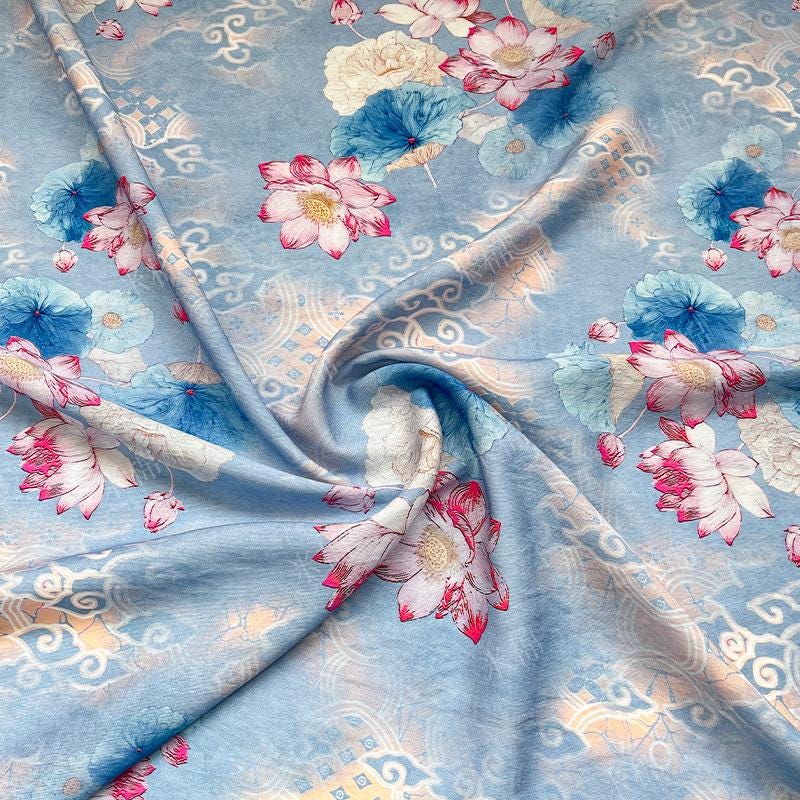 Blue Lotus Cotton Fabric by Yard, Oriental Floral Printed Textile, Soft Dress Fabric for Sewing Quilting Home Decor, 59"Wide
