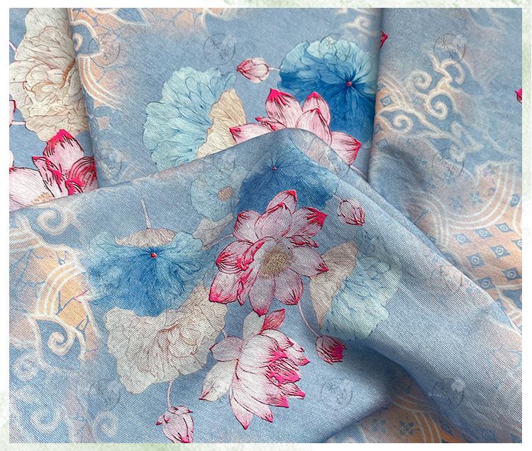 Blue Lotus Cotton Fabric by Yard, Oriental Floral Printed Textile, Soft Dress Fabric for Sewing Quilting Home Decor, 59"Wide