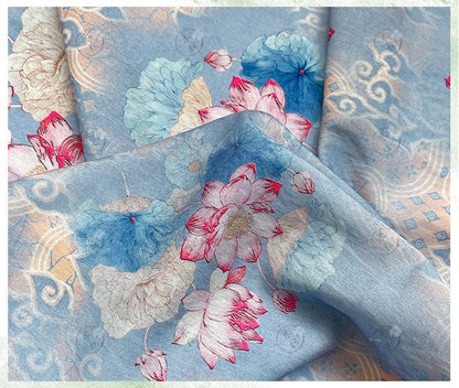 Blue Lotus Cotton Fabric by Yard, Oriental Floral Printed Textile, Soft Dress Fabric for Sewing Quilting Home Decor, 59"Wide