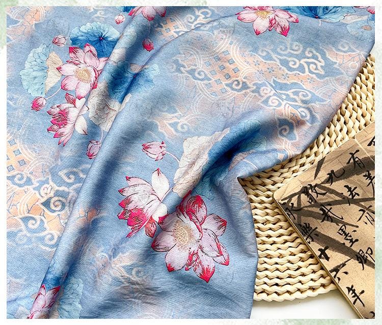 Blue Lotus Cotton Fabric by Yard, Oriental Floral Printed Textile, Soft Dress Fabric for Sewing Quilting Home Decor, 59"Wide