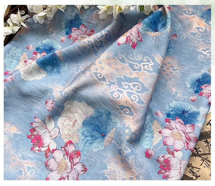 Blue Lotus Cotton Fabric by Yard, Oriental Floral Printed Textile, Soft Dress Fabric for Sewing Quilting Home Decor, 59"Wide