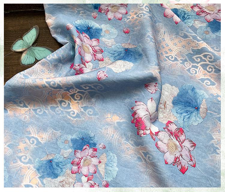Blue Lotus Cotton Fabric by Yard, Oriental Floral Printed Textile, Soft Dress Fabric for Sewing Quilting Home Decor, 59"Wide