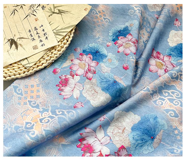 Blue Lotus Cotton Fabric by Yard, Oriental Floral Printed Textile, Soft Dress Fabric for Sewing Quilting Home Decor, 59"Wide