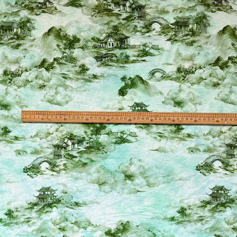 Chinese Landscape Cotton Fabric by Yard, Jiangnan Pavilion Scenic Print Textile, Soft Dress Fabric for Sewing Quilting Crafts, 59"Wide