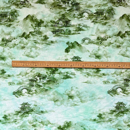 Chinese Landscape Cotton Fabric by Yard, Jiangnan Pavilion Scenic Print Textile, Soft Dress Fabric for Sewing Quilting Crafts, 59"Wide