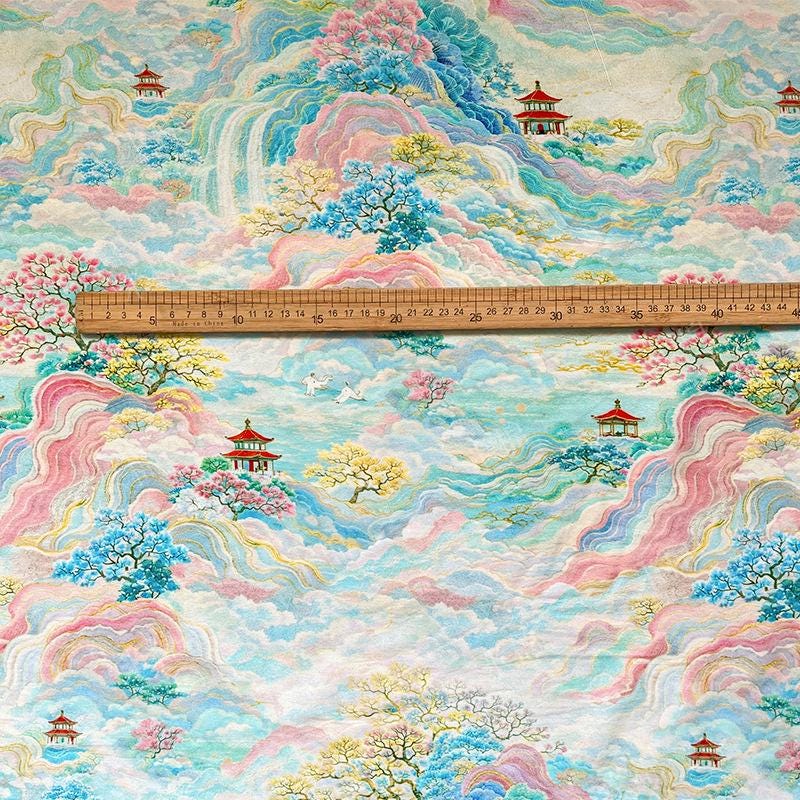 Chinese Landscape Cotton Fabric by Yard, Jiangnan Pavilion Scenic Print Textile, Soft Dress Fabric for Sewing Quilting Crafts, 59"Wide