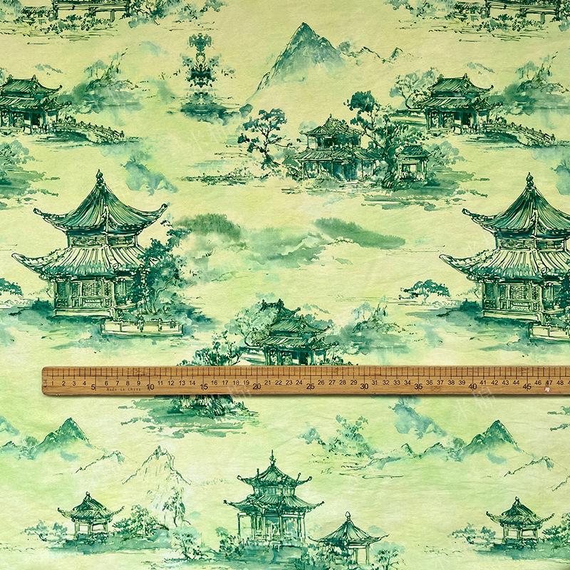 Chinese Landscape Cotton Fabric by Yard, Jiangnan Pavilion Scenic Print Textile, Soft Dress Fabric for Sewing Quilting Crafts, 59"Wide