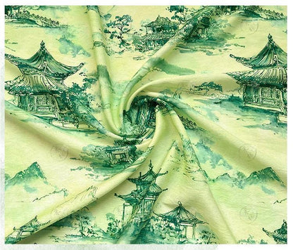 Chinese Landscape Cotton Fabric by Yard, Jiangnan Pavilion Scenic Print Textile, Soft Dress Fabric for Sewing Quilting Crafts, 59"Wide