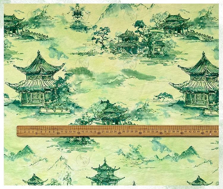 Chinese Landscape Cotton Fabric by Yard, Jiangnan Pavilion Scenic Print Textile, Soft Dress Fabric for Sewing Quilting Crafts, 59"Wide